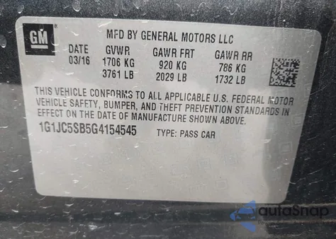 2016 Chevrolet Sonic Lt Auto z USA, uszkodzony, nr VIN 1G1JC5SB5G4154545